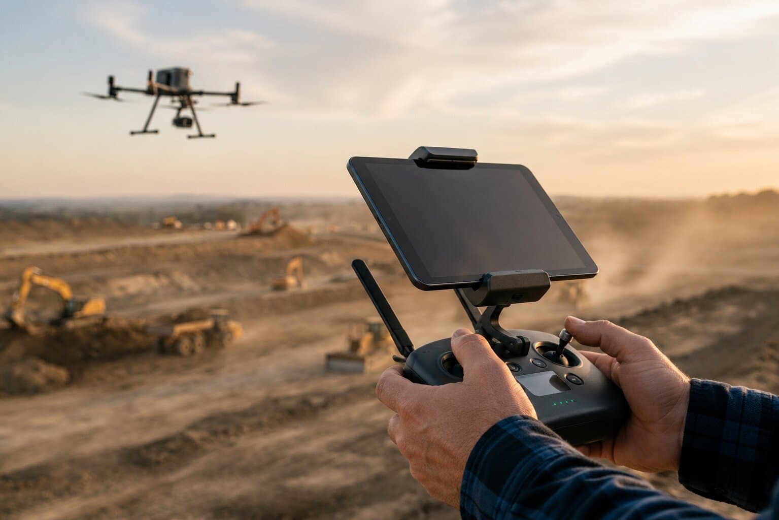 Drone pilot operating a survey drone over an active construction site at sunset
